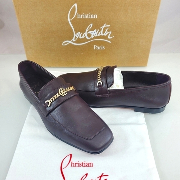 NWT$1095 Louboutin MJ Moc Brown Leather Chain Red Sole Flat Loafers Sz 36.5, 6.5 - Picture 6 of 16